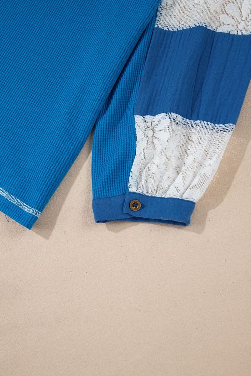 Sky Blue Lace Floral Patchwork Sleeve Stitching V Neck Rib Knit Blouse - Love Salve